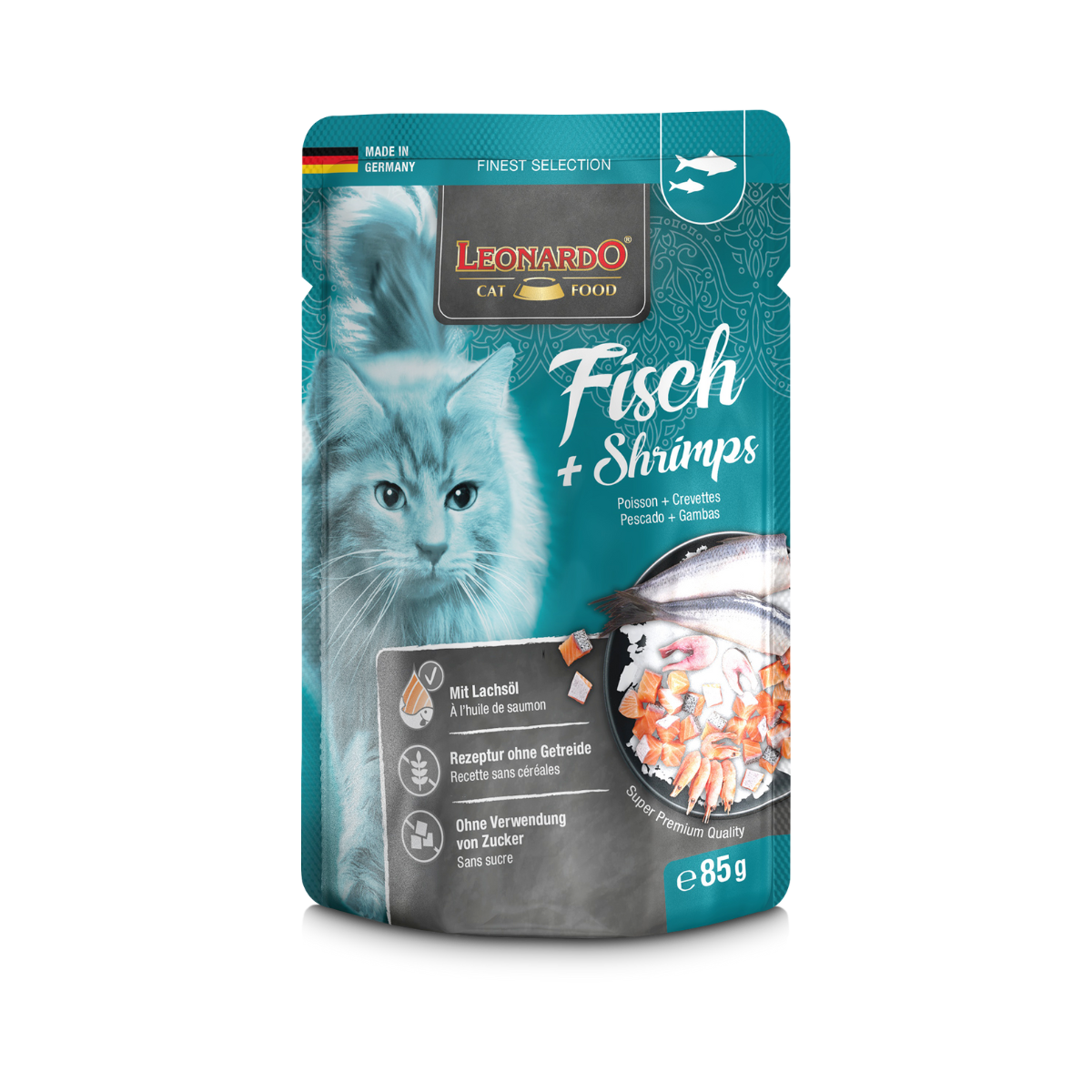 SACHET LEONARDO PESCADO Y CAMARONES 85 GR
